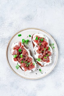 Sandwiches, rye bread with cream cheese, sliced tuna fillet with herbs, breakfast, homemade