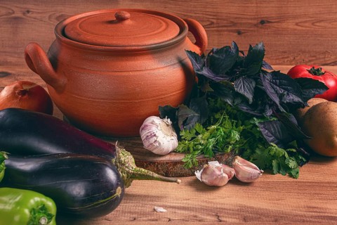 Clay pot, with ingredients, for cooking Chanakhi dishes, Georgian cuisine, no people