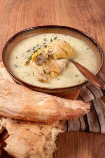 Chikhirtma chicken soup, Georgian dish, with lavash, top view, no people