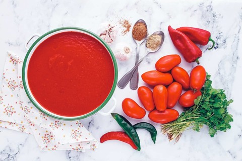 Georgian Satsebeli sauce, made from tomatoes and sweet peppers, with spices, homemade, no people