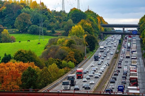 Landscape next to the traffic jam on the A3 motorway between the Hilden junction and the Mettmann