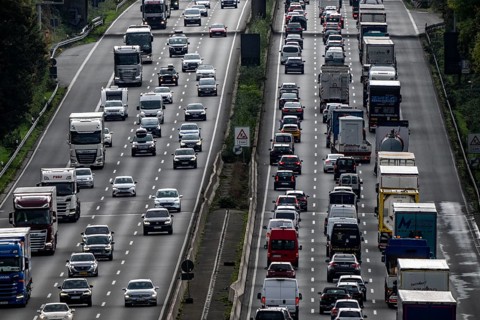Traffic jam on the A3 motorway between the Hilden junction and the Mettmann junction, view to the