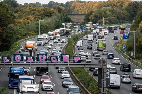 Traffic jam on the A3 motorway between the Hilden junction and the Mettmann junction, view to the