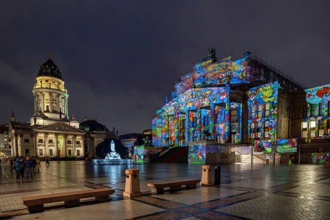 Concert hall Berlin, Gendarmenmarkt, art action The Hands of Berlin, . BERLIN FESTIVAL OF LIGHTS,