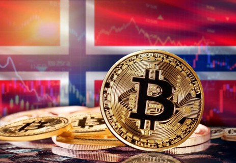Bitcoin with Norway flag in the background. Investors in cryptocurrency and Blockchain Technology