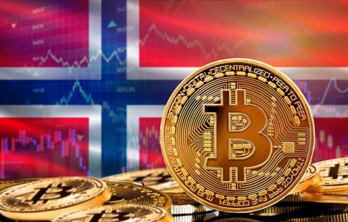Investors in cryptocurrency and Blockchain Technology in Norway, Concept. Bitcoin with Norway flag