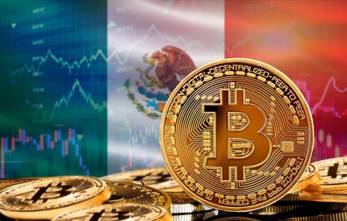 Investors in cryptocurrency and Blockchain Technology in Mexico, Concept. Bitcoin with Mexico flag