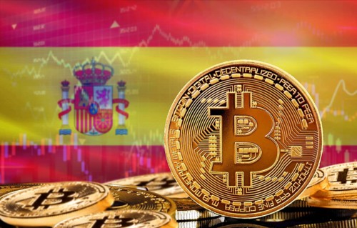 Investors in cryptocurrency and Blockchain Technology in Spain, Concept. Bitcoin with Spain flag in