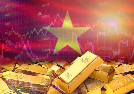 Gold bars on Vietnam flag in background. Gold bars stacked on Vietnamese flag. Concept of Vietnam