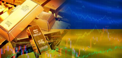Gold bars stacked on Ukrainian flag. Ukraine gold reserves, Concept