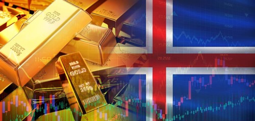 Gold bars stacked on Icelandic flag. Iceland gold reserves, Concept