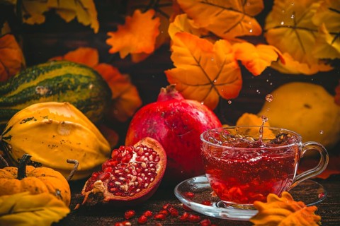 A dynamic moment with sparkling tea and pomegranate seeds in an autumnal setting