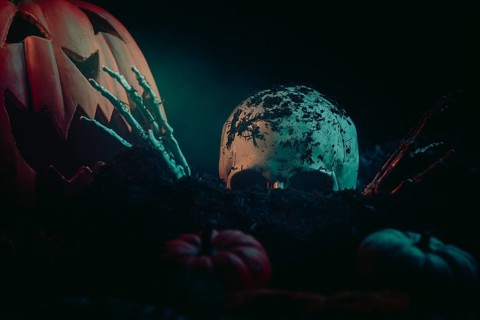 Halloween scene with a skull, skeletonised hands and pumpkins in dark earth