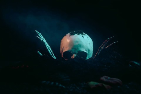 A skull with skeletonised hands bursts out of the earth in the moonlight, Halloween