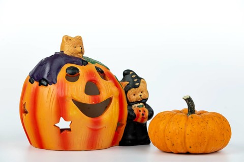 Pumpkin lantern for Halloween with decorative pumpkin, white background