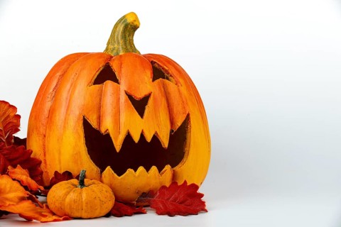 Halloween pumpkin with autumn leaves, white background