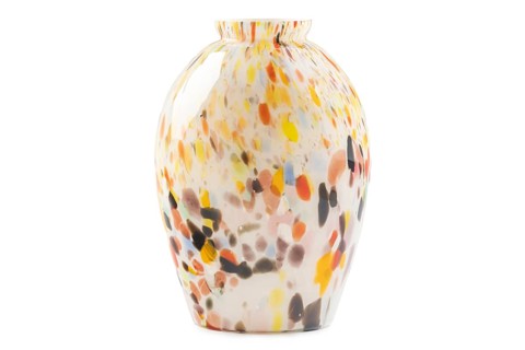 Vase with bright, colourful mosaic design, white background