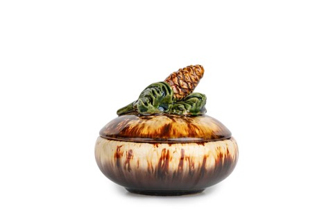 Brown ceramic jar with pine cone decoration on the lid, white background