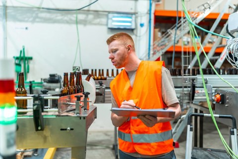Industrial worker wearing safety vest checking quality of bottles on a beverage factory automated