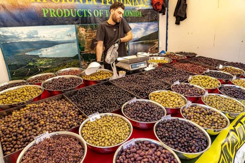 Olives in many varieties and colours at a market in the Greek capital Athens, Greece