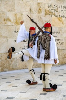 The traditional changing of the guard of the Evzones in front of the Greek Parliament in the Greek
