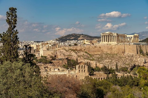 View of the Acropolis from Philopappos Hill in the Greek capital Athens, Greece