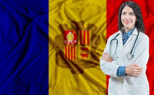 Andorran medicine and healthcare concept. Doctor close up against Andorra flag background