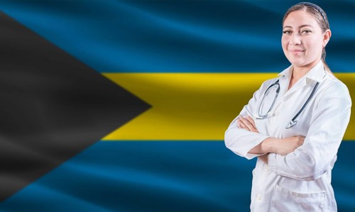 Female doctor on Bahamas flag. Doctor with crossed arms on Bahamas flag. Bahamas health and care