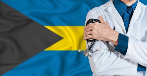 Bahamas healthcare concept. Doctor with stethoscope on Bahamas flag. Doctor holding stethoscope on