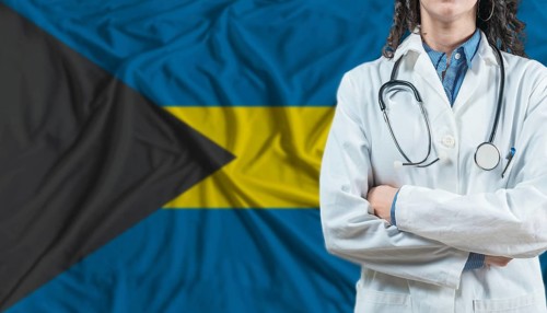 Medical professional on Bahamas flag. Healthcare and wellness in Bahamas, Concept
