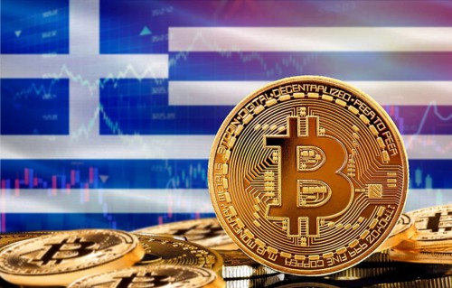 Investors in cryptocurrency and Blockchain Technology in Greece, Concept. Bitcoin with Greece flag