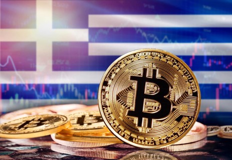 Bitcoin with Greece flag in the background. Investors in cryptocurrency and Blockchain Technology
