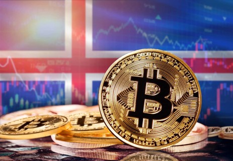 Bitcoin with Iceland flag in the background. Investors in cryptocurrency and Blockchain Technology