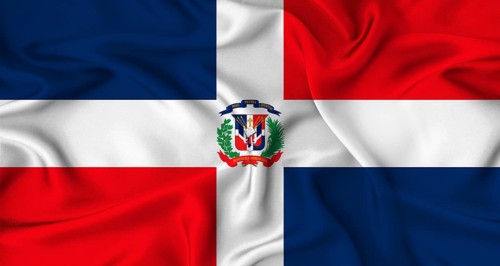 Realistic Dominican Republic flag waving. Close up of flag of Dominican Republic with cloth texture