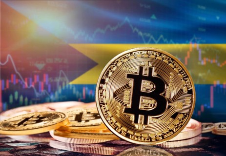 Bitcoin with Bahamas flag in the background. Investors in cryptocurrency and Blockchain Technology