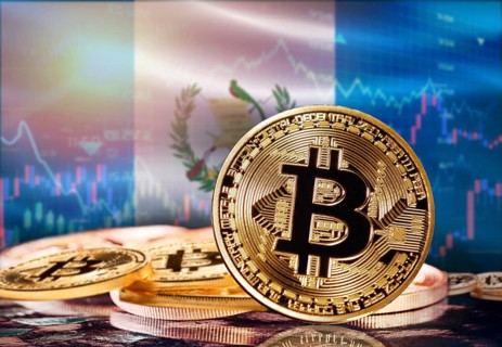 Bitcoin with Guatemala flag in the background. Investors in cryptocurrency and Blockchain