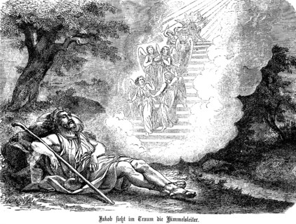 On the journey to Mesopotamia, Jacob rests and sees the ladder to heaven in a dream, nature, rock,