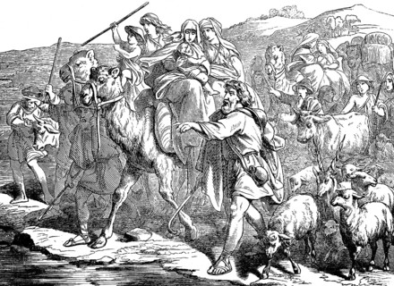 Jacob flees with his woman and child from Laban the babbler, group, migration, camels, riding,