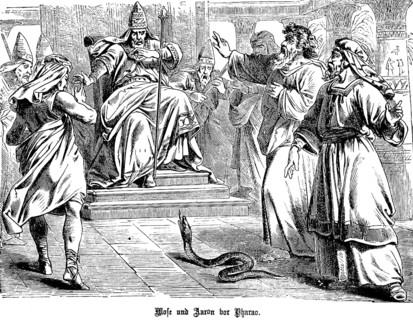 Moses and Aaron in front of Pharaoh, God hardens Pharaoh's heart, Aaron throws a staff and the