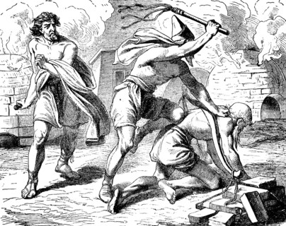 Moses slays the Egyptian taskmaster who tortured his brothers, murder, slain, whip, stone oven,