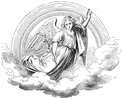 Symbolic image of the death of Joseph, Joseph, God in heaven, olive branch, rainbow, clouds, second