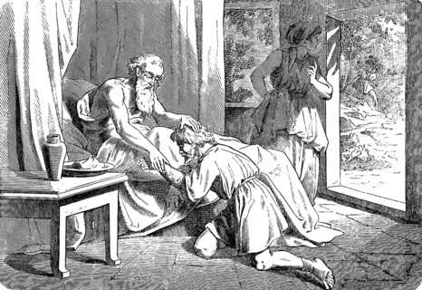 Isaac blesses Jacob, Esau in the background, deception, deceit, false voice, hand, lie, son,