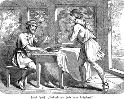 Jacob speaks to Esau, sell me your firstborn, die, birthright, old man, child, trade, table,