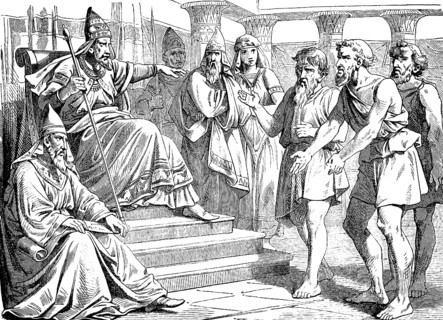 The officials of the Iraelites ask Pharaoh for mercy, ruler of Egypt, throne room, palace, Moses'