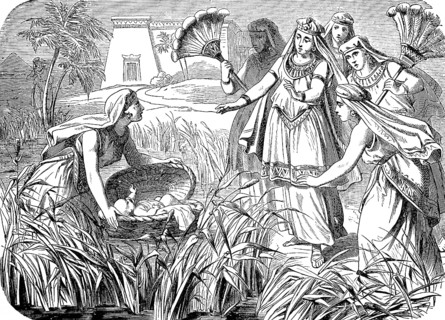 Pharaoh's daughter finds the child in the reed, virgins as companions, child is called Moses,