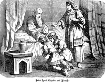Jacob blesses Ephraim and Manses, Christian blessing, God, praying, kneeling, room, bed, children,