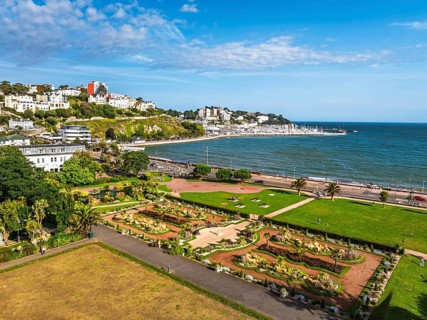 View of Torquay over Italian Garden in Abbey Park from drone, Torquay, Torbay, Devon, England,