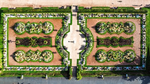 Top Down view over Italian Garden in Abbey Park from drone, Torquay, Torbay, Devon, England, United