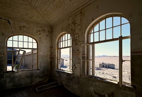 View into the desert from a former dwelling house, Kolmanskuppe, near Lüderitz, Karas Region,