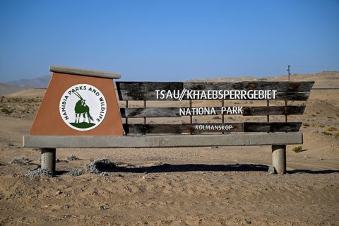 Sign at the entrance to Tsau//Khaeb National Park, near Kolmanskop, diamond restricted area, Karas